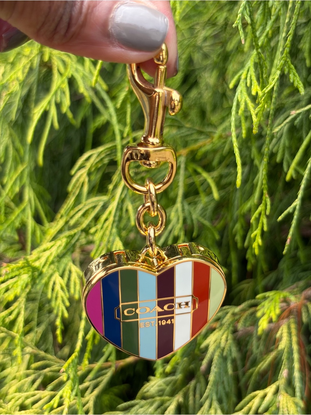 COACH Legacy Stripe Heart Locket Bag Charm Keychain - Picture 2 of 8